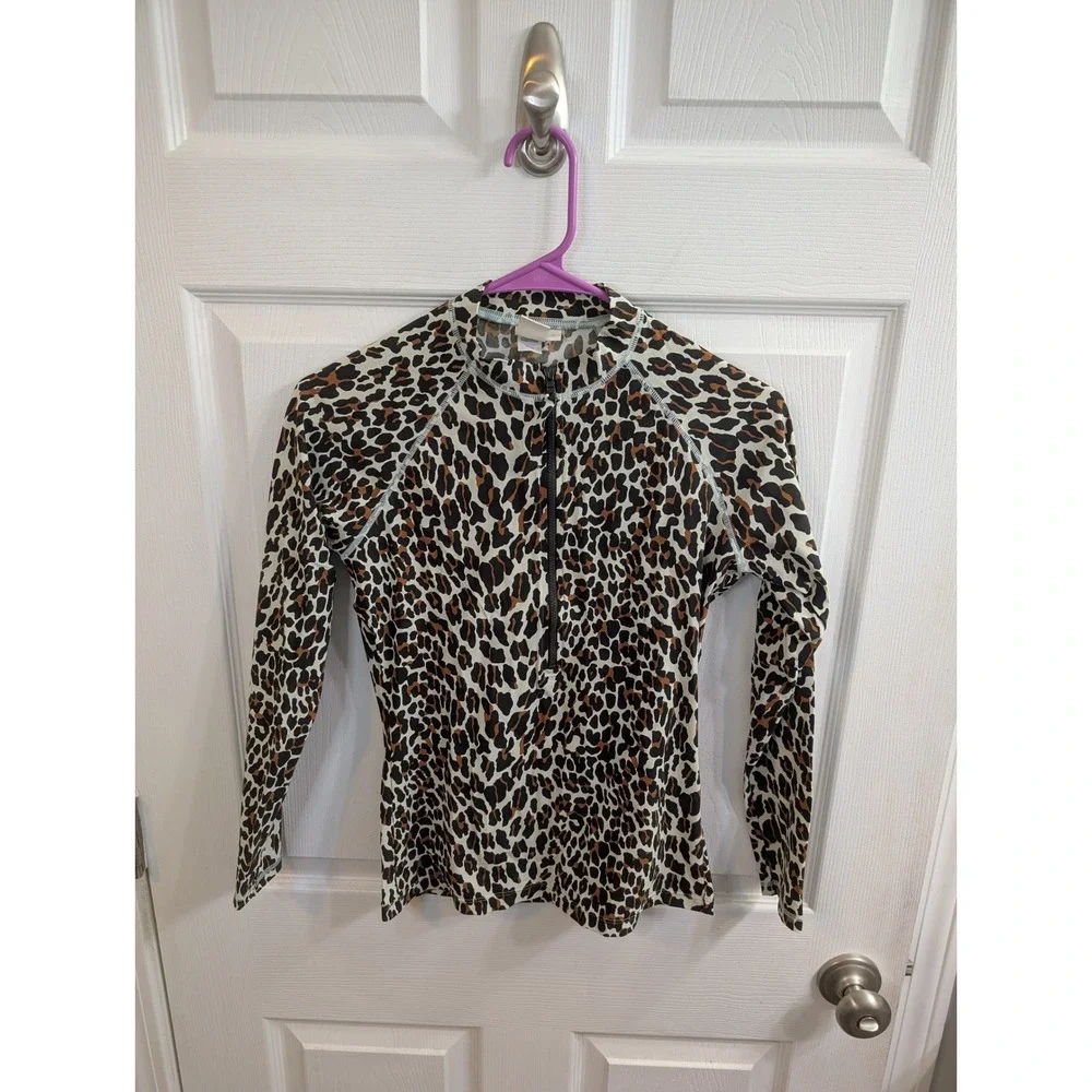 Tory Burch Rash Guard Women‎ Small Leopard Print Brown Long Sleeve Zip - Size S
